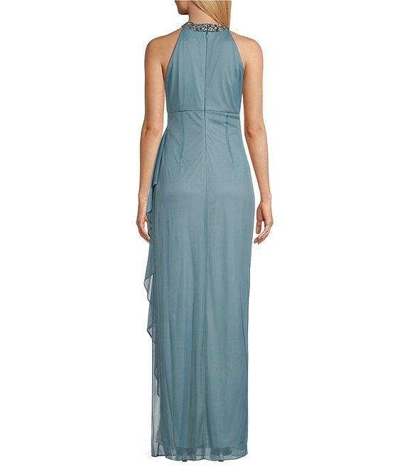 Alex Evenings Petite Size Sleeveless Beaded Halter Neck Cascade Ruffle Gown Product Image