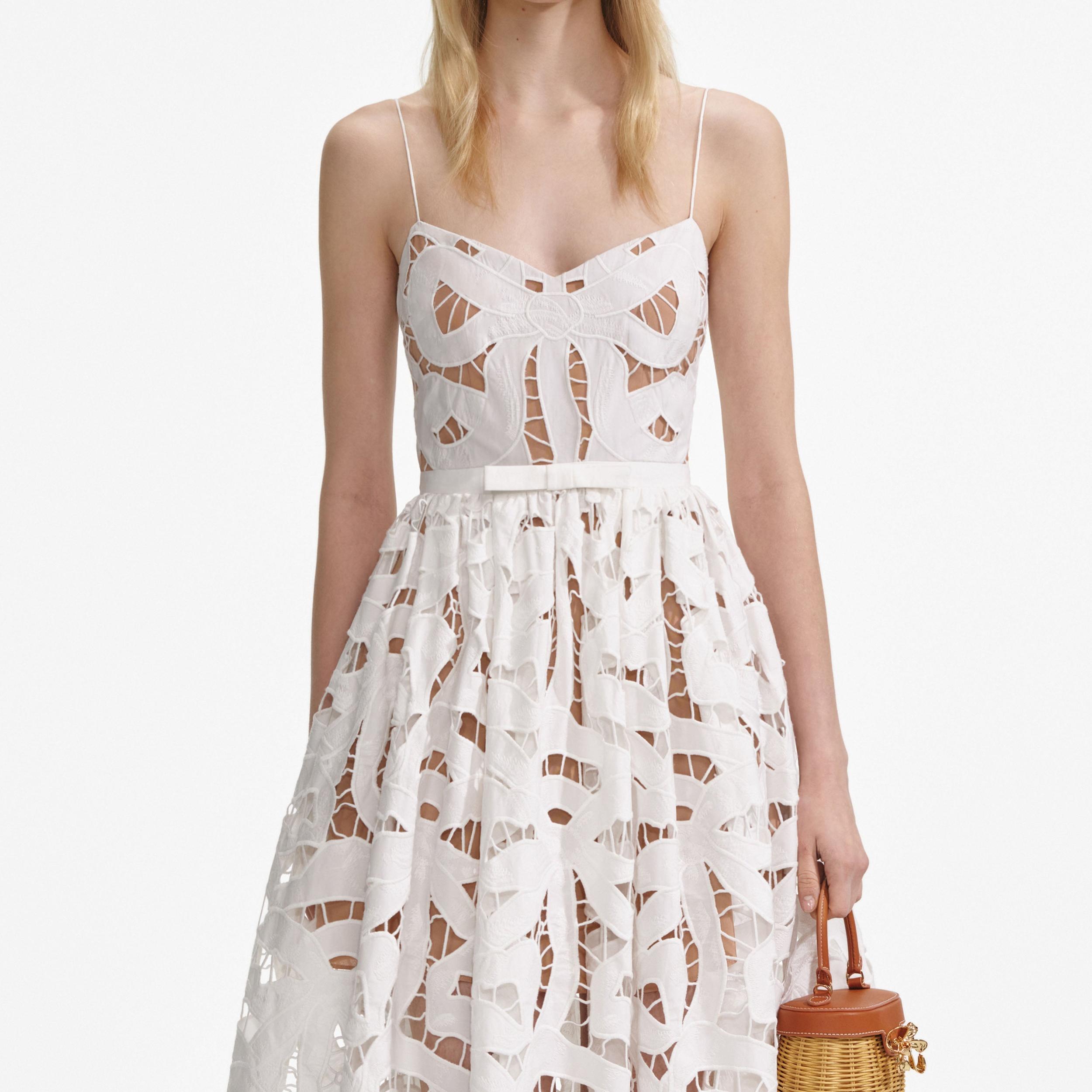 White Bow Embroidered Midi Dress Product Image