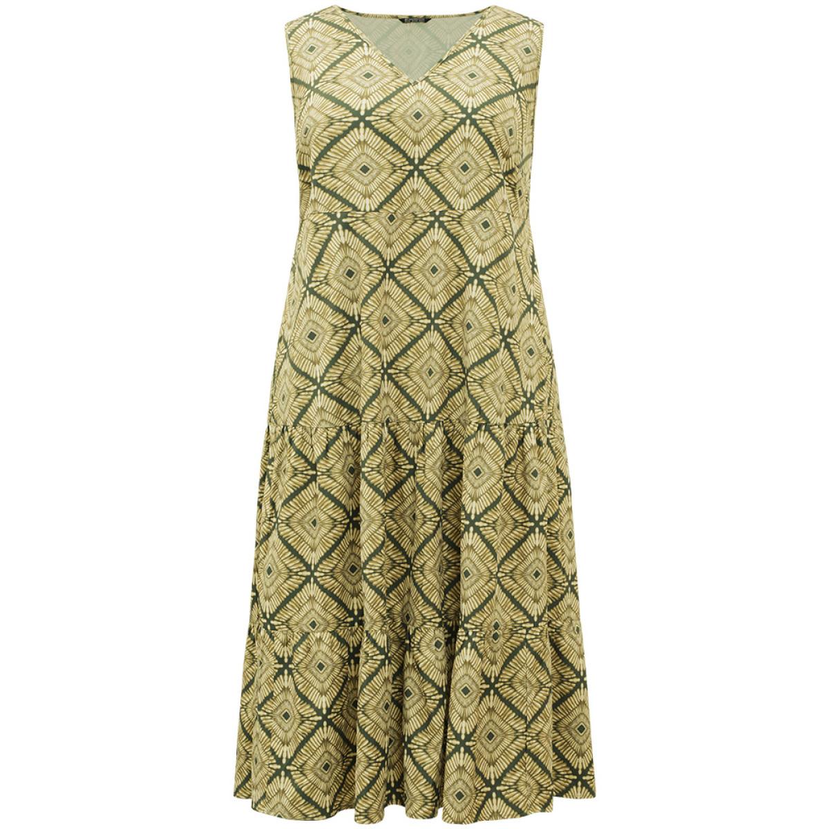 Plus Size Geometric Print Pocket Tank V Neck Dress Moss Women Vacation Printed V-neck Sleeveless Curvy Midi Dress BloomChic 14-16/1X Product Image