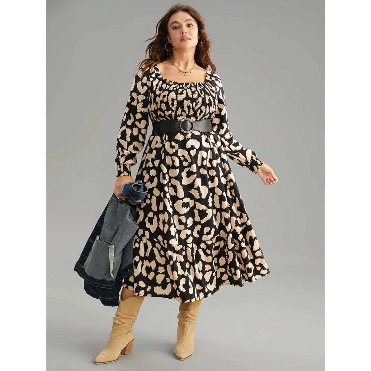 Plus Size Leopard Shirred Square Neck Lantern Sleeve Dress Black Women At the Office Printed Square Neck Long Sleeve Curvy Midi Dress BloomChic 18-20/2X Product Image
