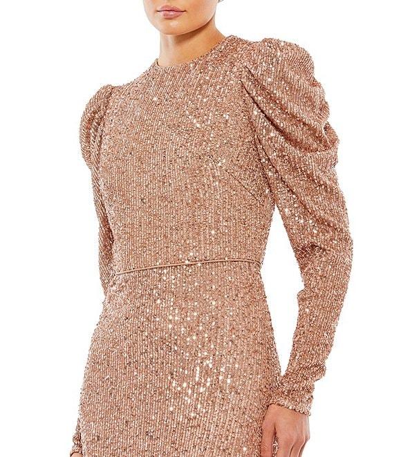 Mac Duggal Sequin Crew Neck Long Puff Drape Sleeve Sheath Gown Product Image