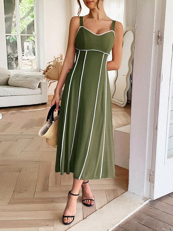 A-Line High Waisted Contrast Color Zipper Spaghetti-Neck Midi Dresses Product Image