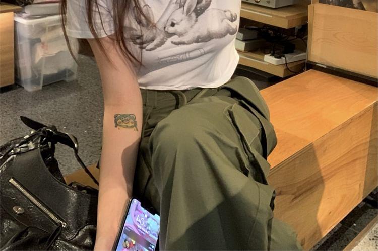 Short-Sleeve Rabbit Print Asymmetrical Cropped T-Shirt / Wide Leg Pants Product Image