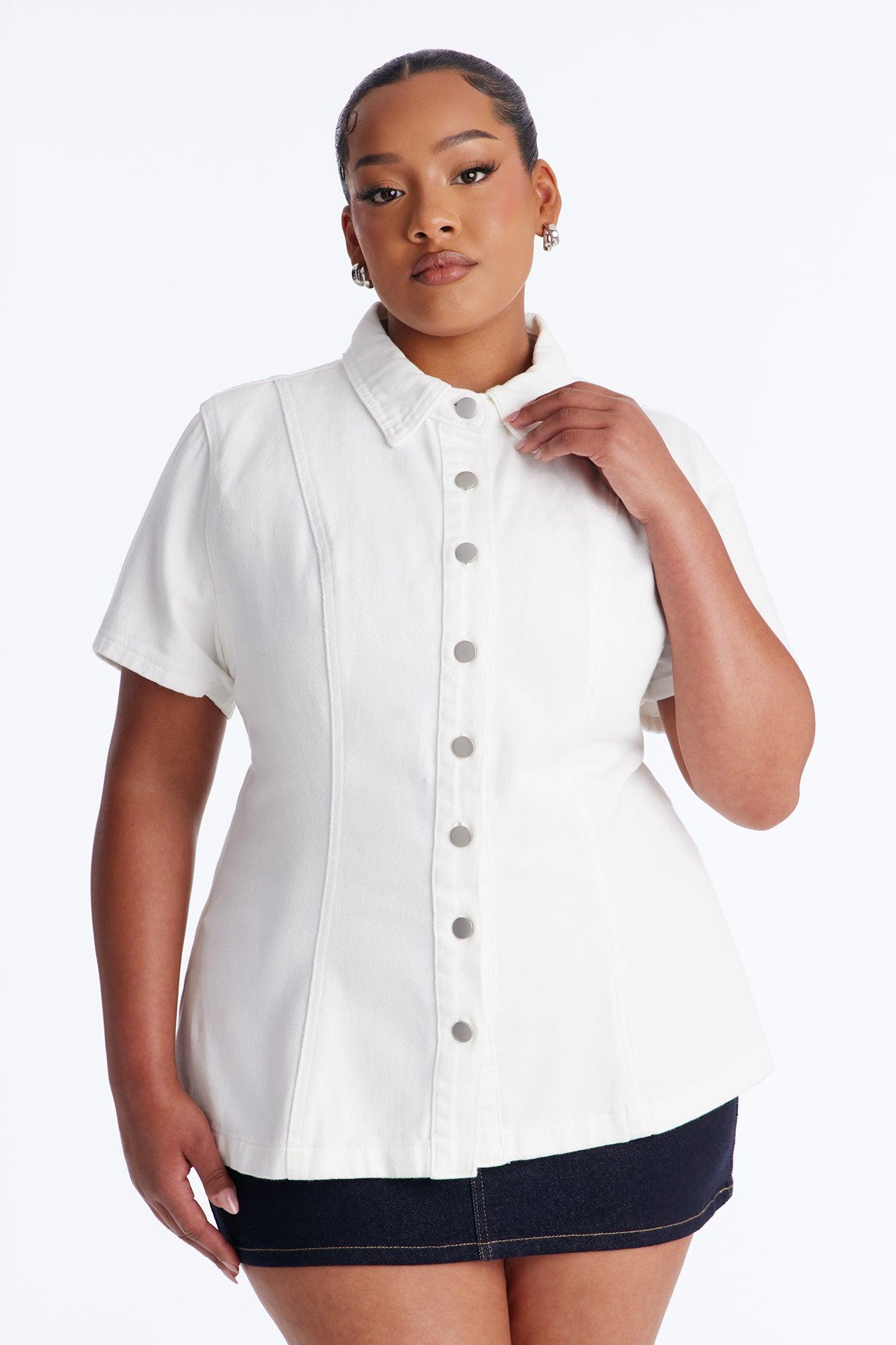 Nina Cinched Waist Denim Shirt - White Female Product Image