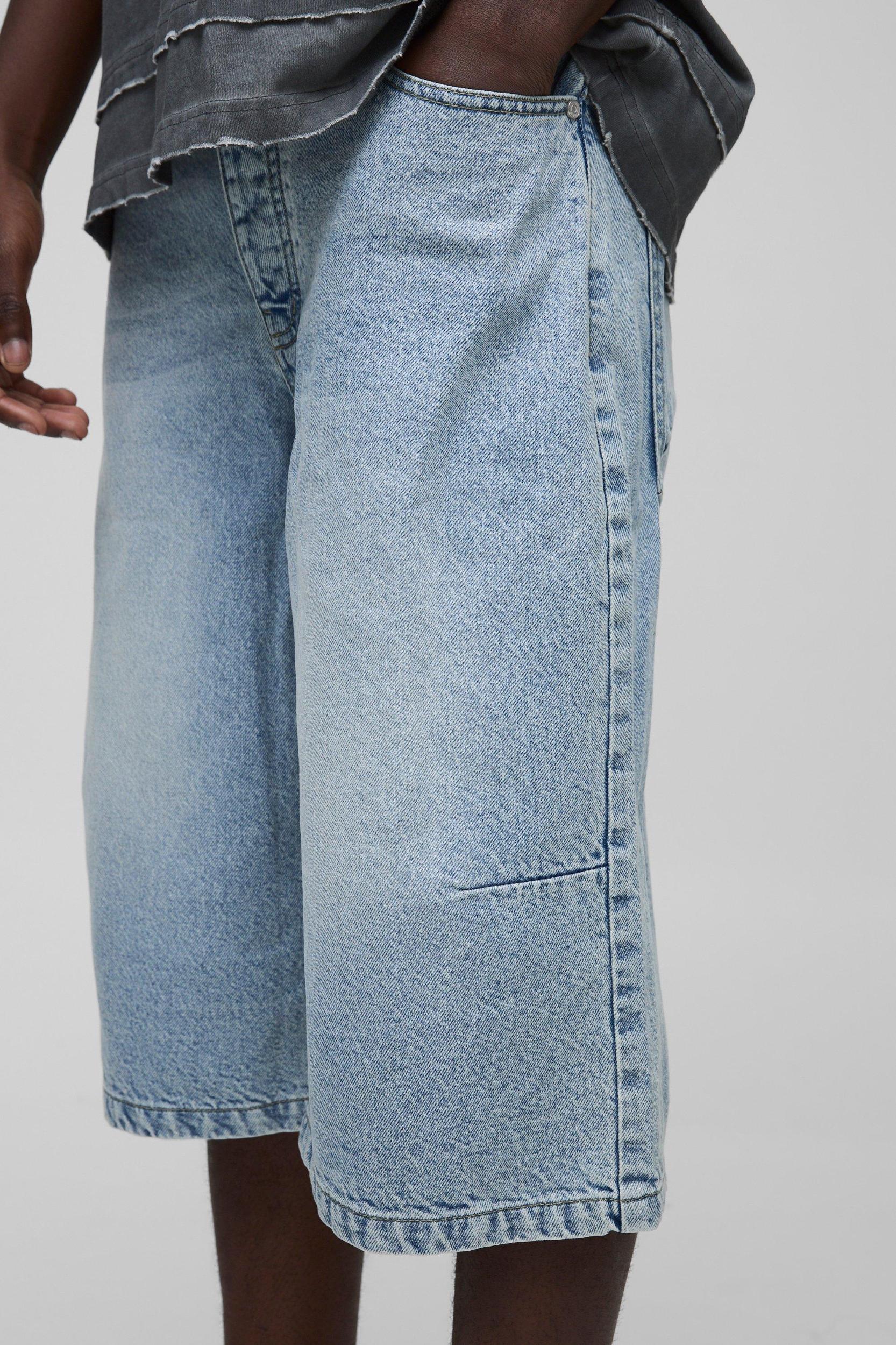 Long Line Denim Jorts In Light Blue | boohooMAN USA Product Image