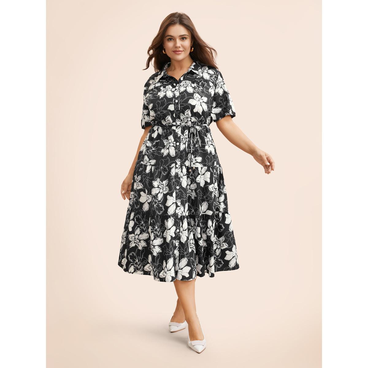 Plus Size Floral Shirt Collar Belted Midi Dress Black Women Elegant Belted Shirt collar Short sleeve Curvy BloomChic 26/4X Product Image