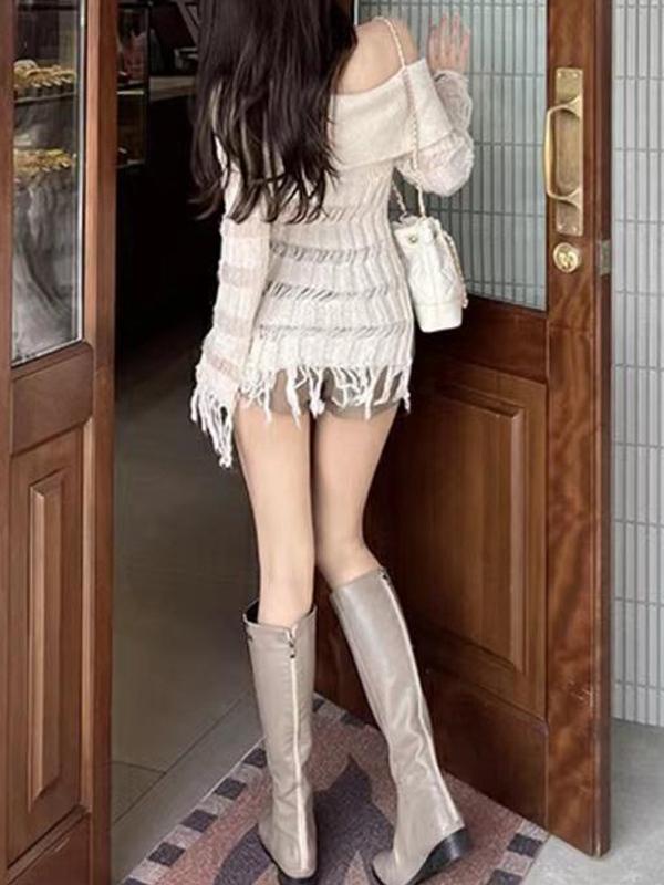 Solid Cutout Off Shoulder Tassel Long Sleeve Knit Product Image