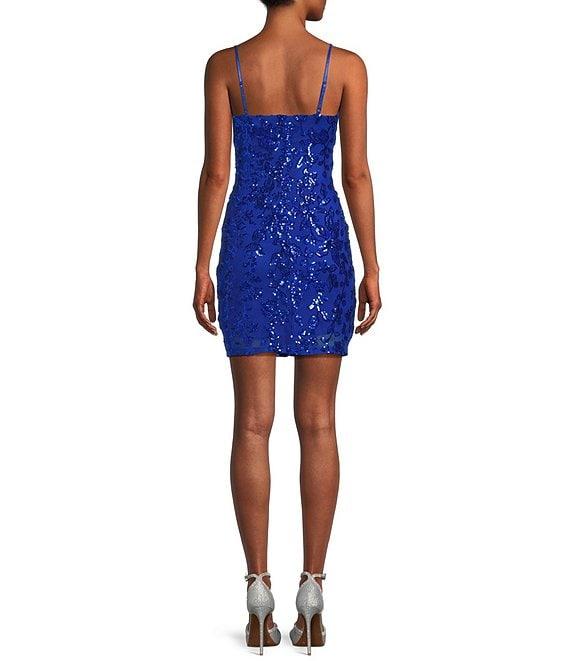 Midnight Doll Floral Patterned Sequin Scoop Neck Front Slit Mini Dress Product Image