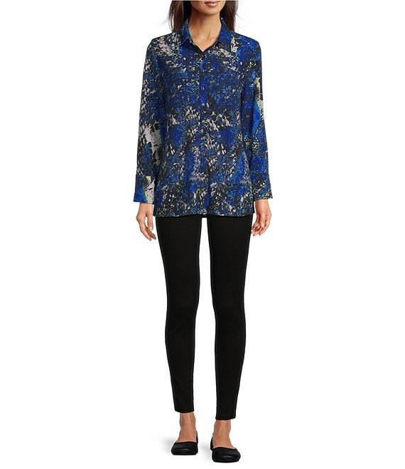 Calessa Textured Crinkle Animal Print Point Collar Long Sleeve Button-Front Tunic Product Image