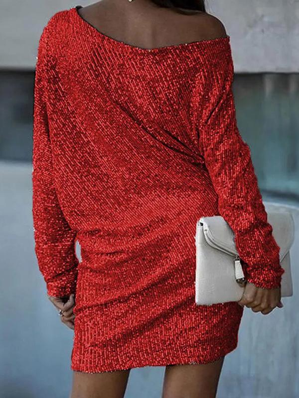 A-Line Loose Asymmetric Sequined Solid Color One-Shoulder Mini Dresses Product Image