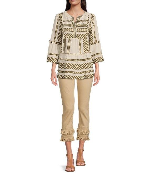 John Mark Jacquard Woven Geometric Print Split V-Neck 3/4 Bell Sleeve Top Product Image
