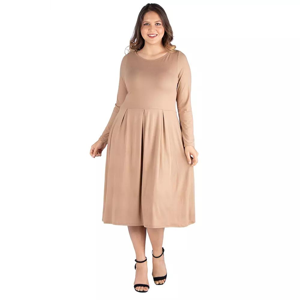 Plus Size 24seven Comfort Apparel Long Sleeve Fit and Flare Midi Dress, Women's, Size: 2XL, Beige Khaki Product Image