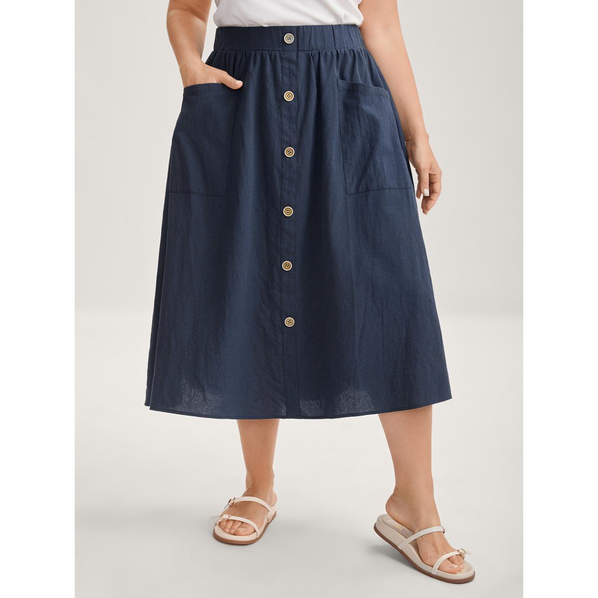 Plus Size Solid Button Detail Midi Skirt Women DarkBlue Loose No stretch Side seam pocket Everyday-Casual Skirts BloomChic 30/6X Product Image