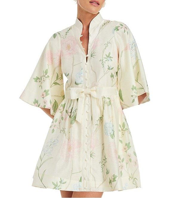 Mestiza New York Carmen Pastel Floral Print Mandarin Collar 3/4 Full Sleeve Mini A-Line Dress Product Image