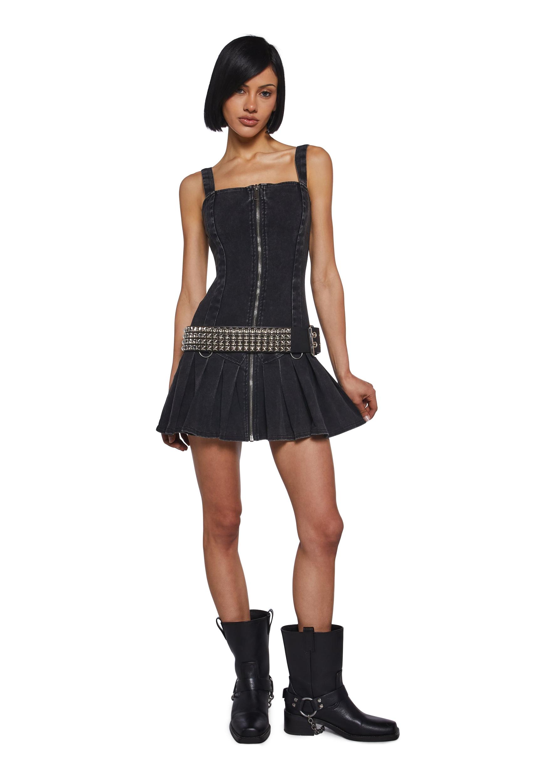 Womens Washed Denim Mini Dress With Front Zipper Closure Current Mood - Black Product Image