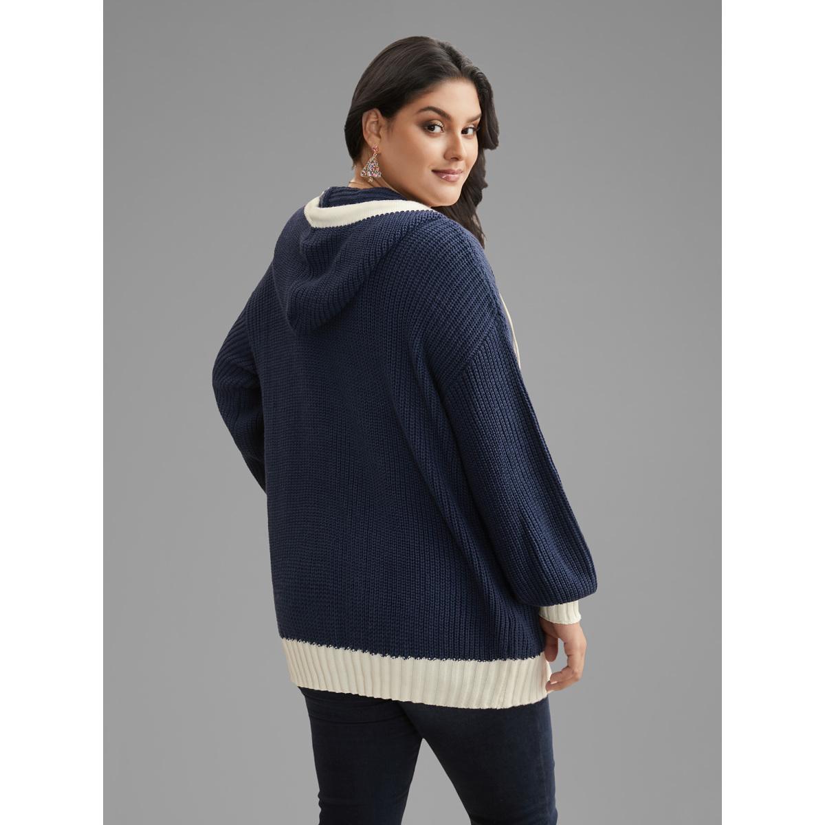 Plus Size Contrast Hood Hemline Pockets Open Cardigan Indigo Women Casual Loose Long Sleeve Everyday Cardigans BloomChic 18-20/2X Product Image