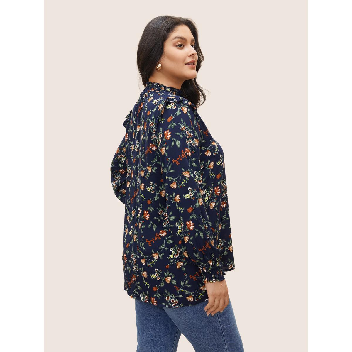 Plus Size DarkBlue Floral Lantern Sleeve Shirred Mock Neck Blouse Women Elegant Long Sleeve Mock Neck Everyday Blouses BloomChic 22-24/3X Product Image