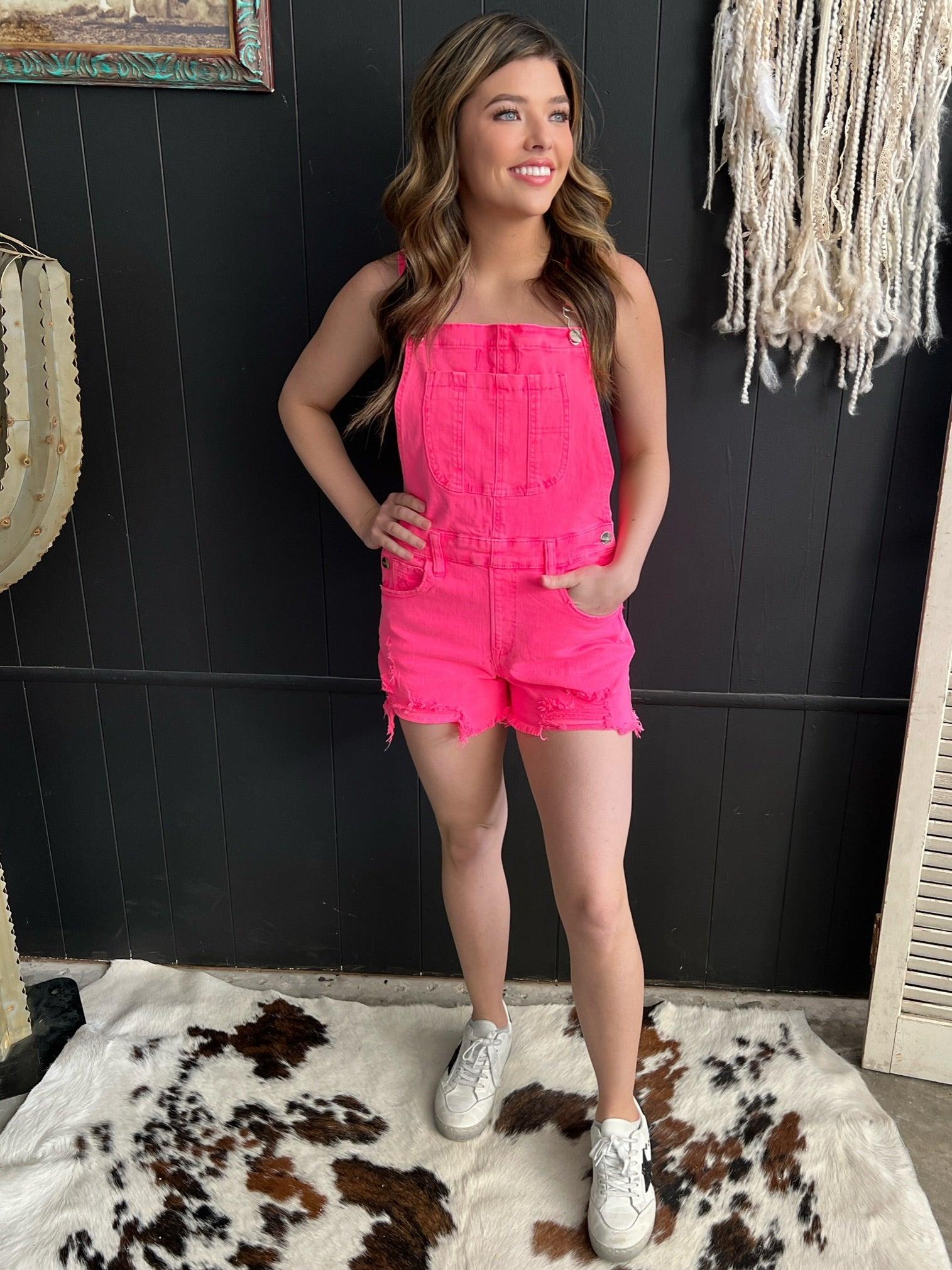 Hot Pink Front Distressed Short Overalls Product Image