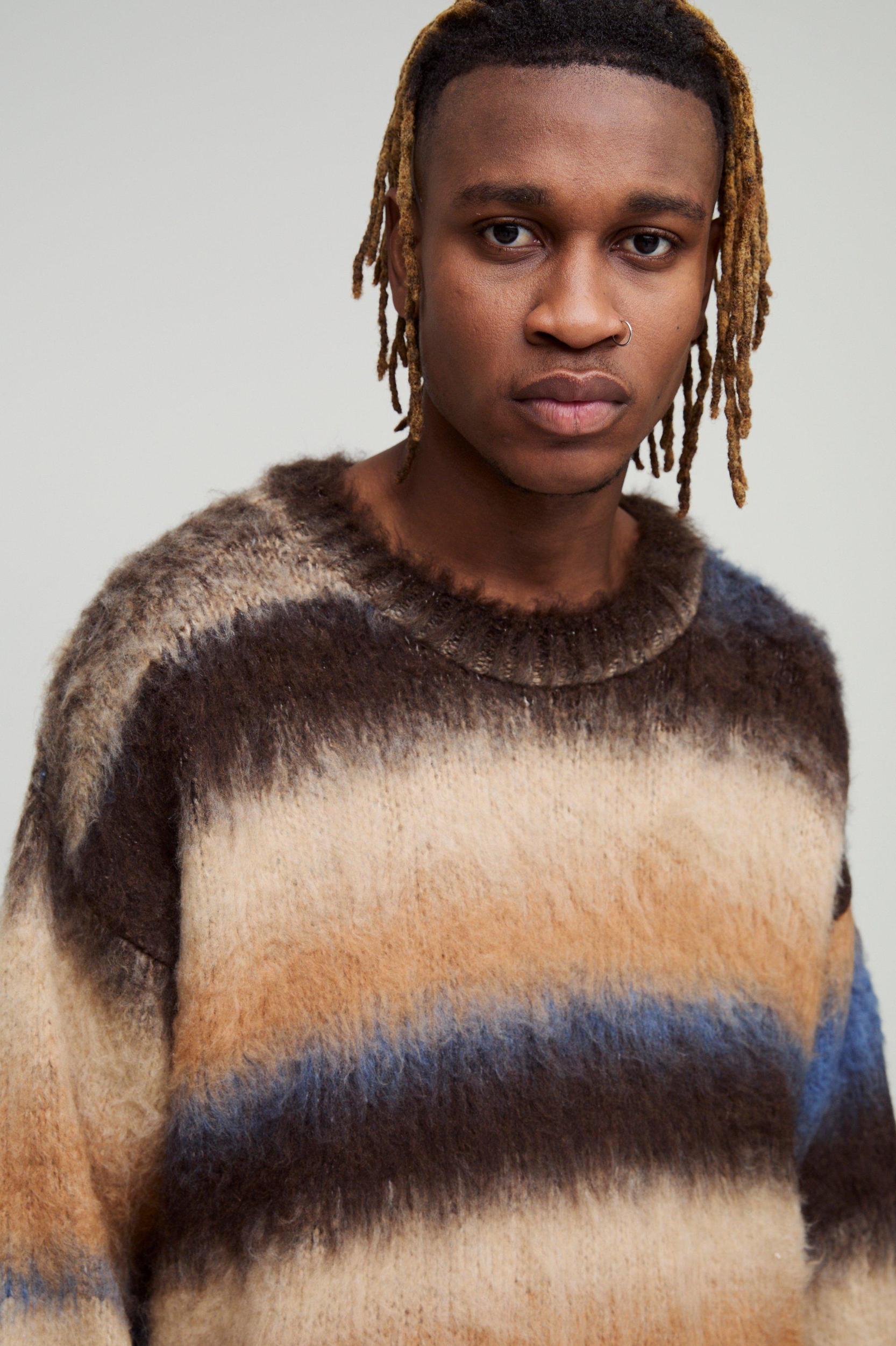 Tall Oversized Boxy Brushed Stripe Knitted Sweater | boohooMAN USA Product Image