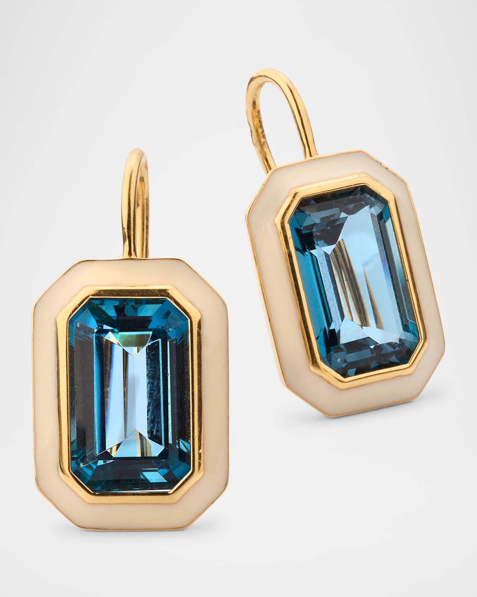18K Yellow Gold London Blue Topaz Emerald Cut Earrings with White Enamel Product Image