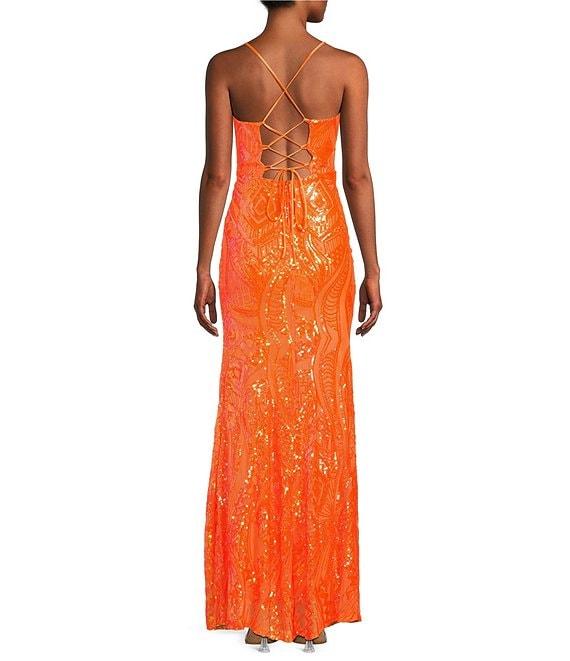 Midnight Doll Patterned Sequin Spaghetti Strap V-Neck Lace-Up Back Dress Product Image