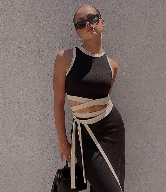 Gianni Bini Dena Ribbed Knit Crew Neck Sleeveless Tie Waist Coordinating Cropped Top Product Image