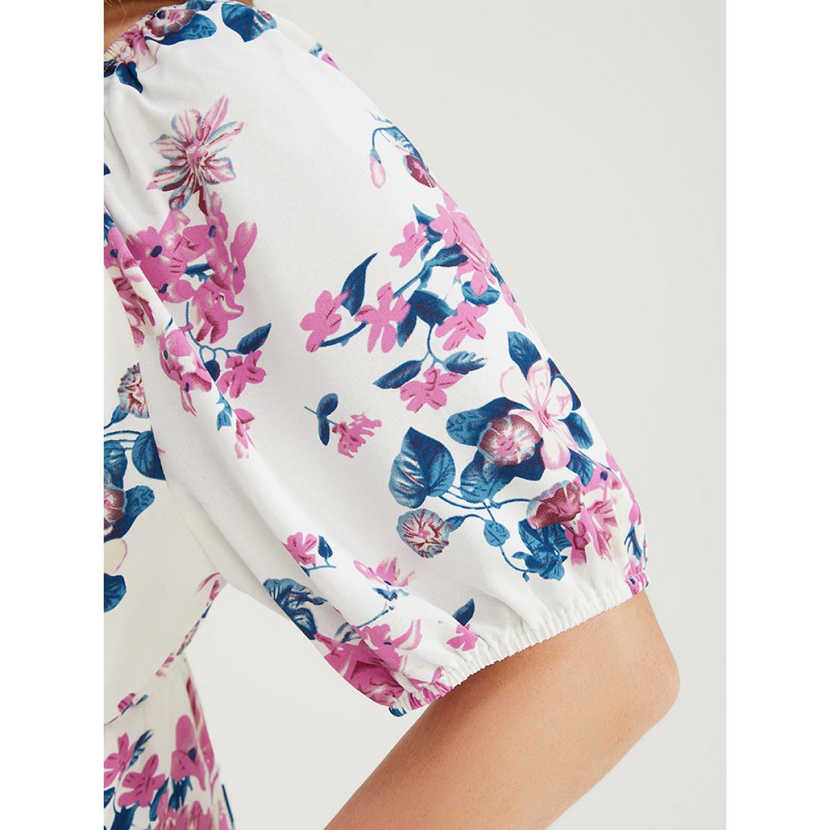 Plus Size Floral Puff Sleeve Pocket Knot Front Scoop Neck Flutter Dress White Women Elegant Lined Scoop Neck Short sleeve Curvy Midi Dress BloomChic 18-20/2X Product Image