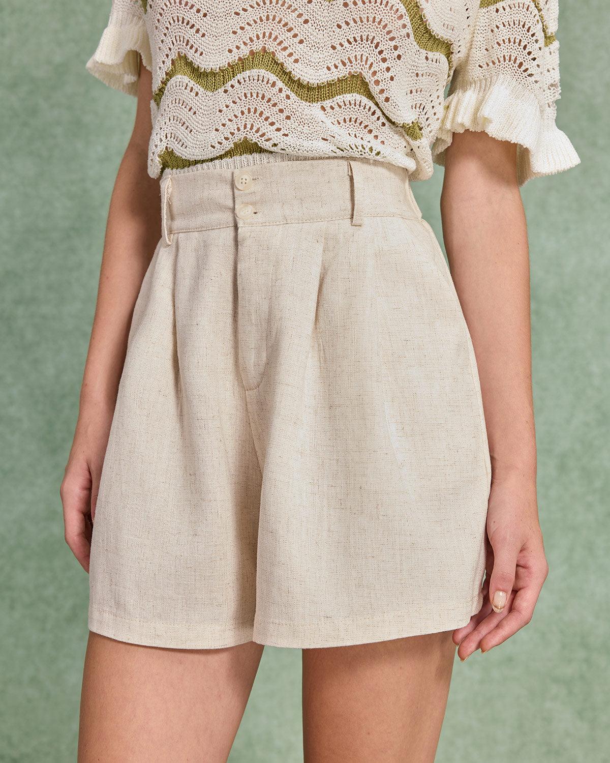 Beige Elastic Waist Pocket Linen Shorts Product Image