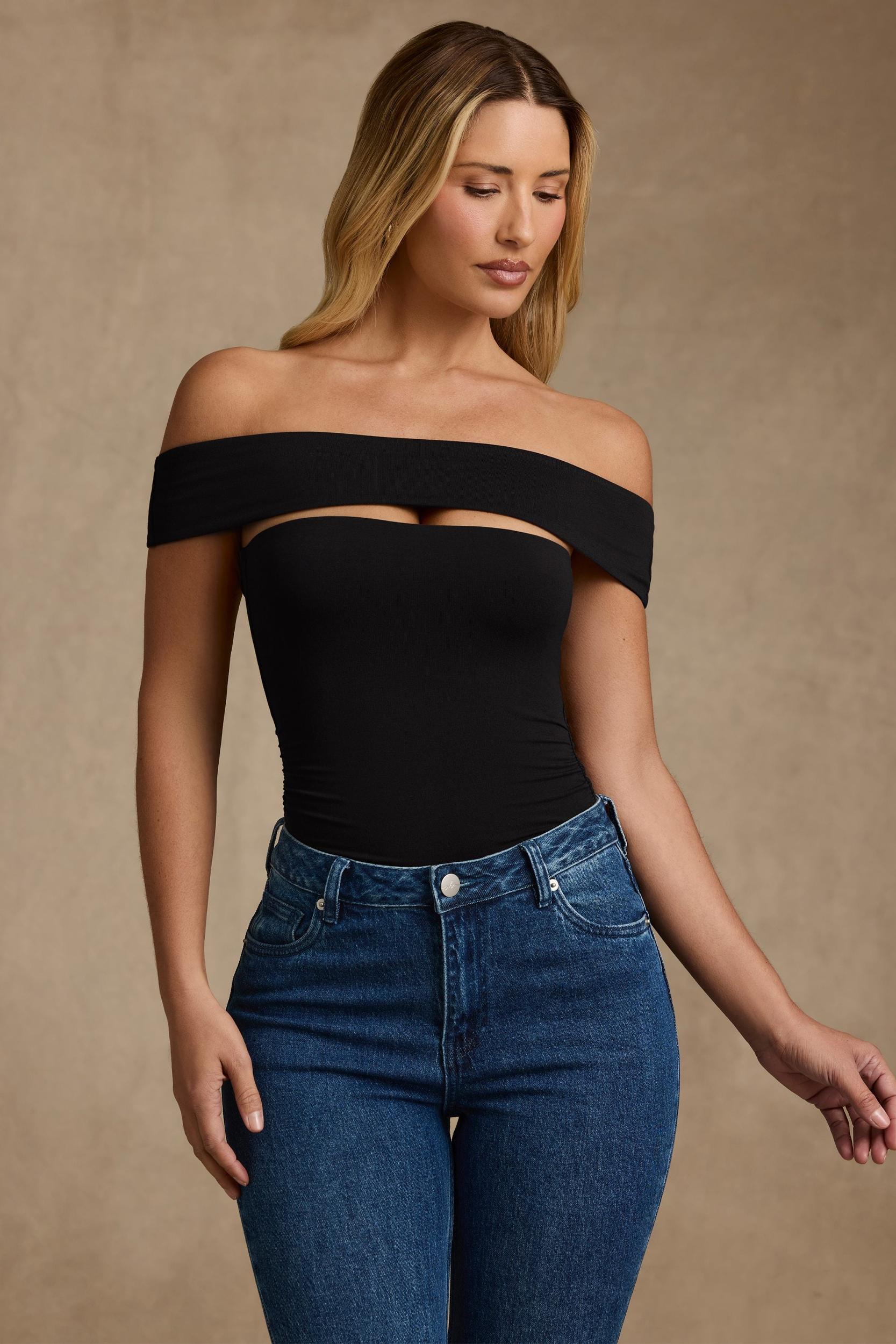 Modal Cut-Out Off-Shoulder Bodysuit in Black Female Product Image