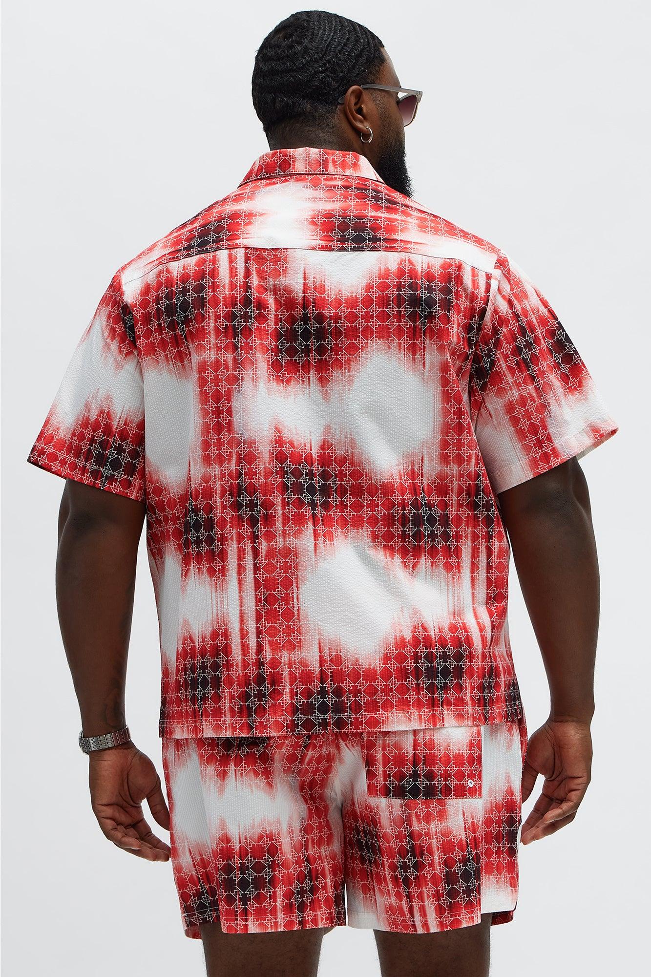 Seersucker Tie Dye Printed Closed Collar Shirt - Red/combo Male Product Image