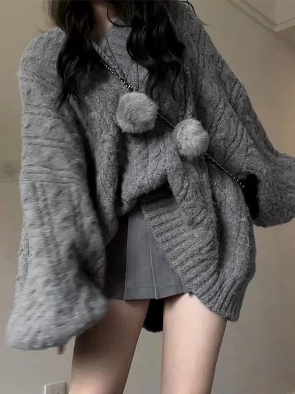 Oversize V Neck Gray Cable Knit Sweater Product Image