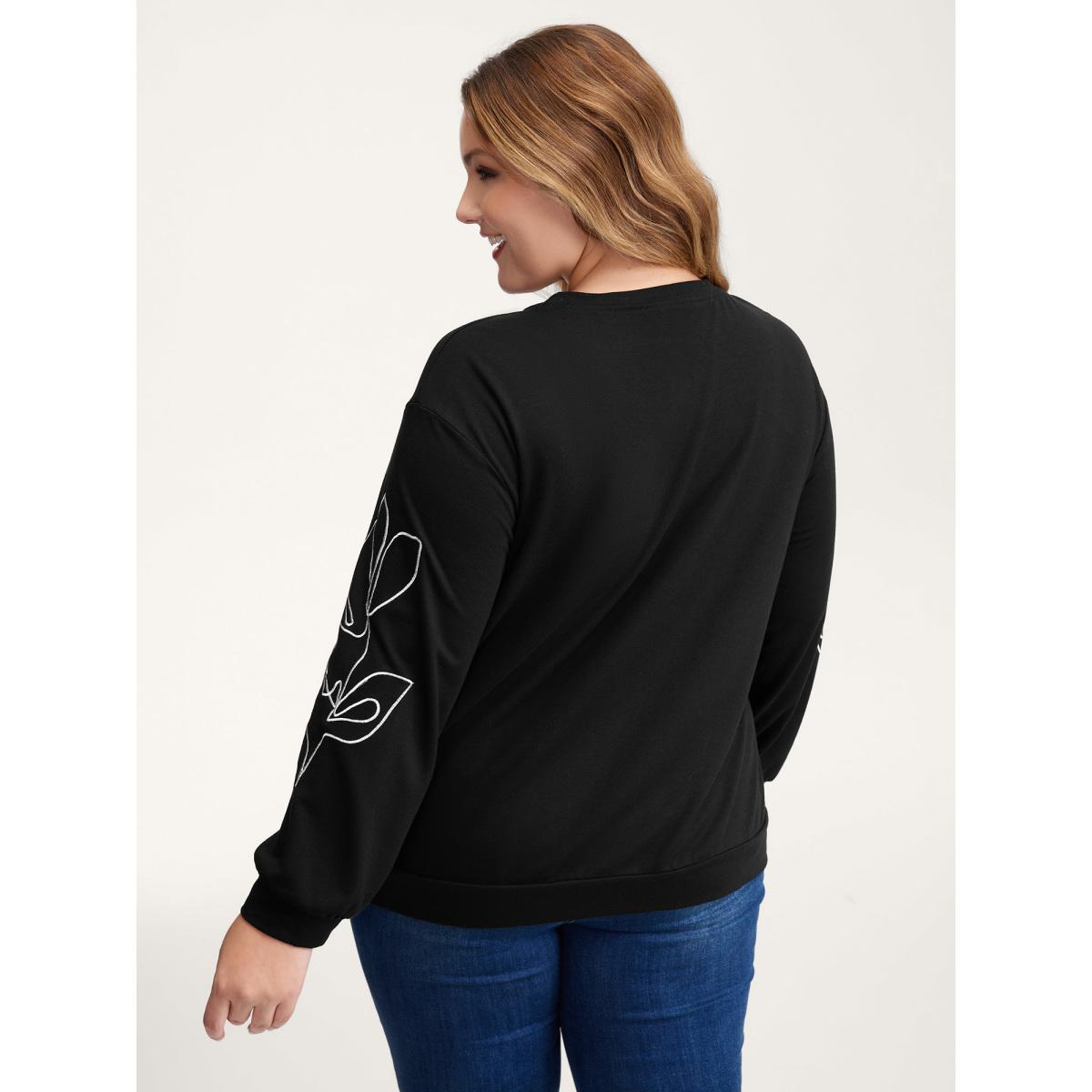 Plus Size Floral Embroidery Relaxed Fit Sweatshirt Women Black Leisure Round Neck Casual Sweatshirts BloomChic 22-24/3X Product Image
