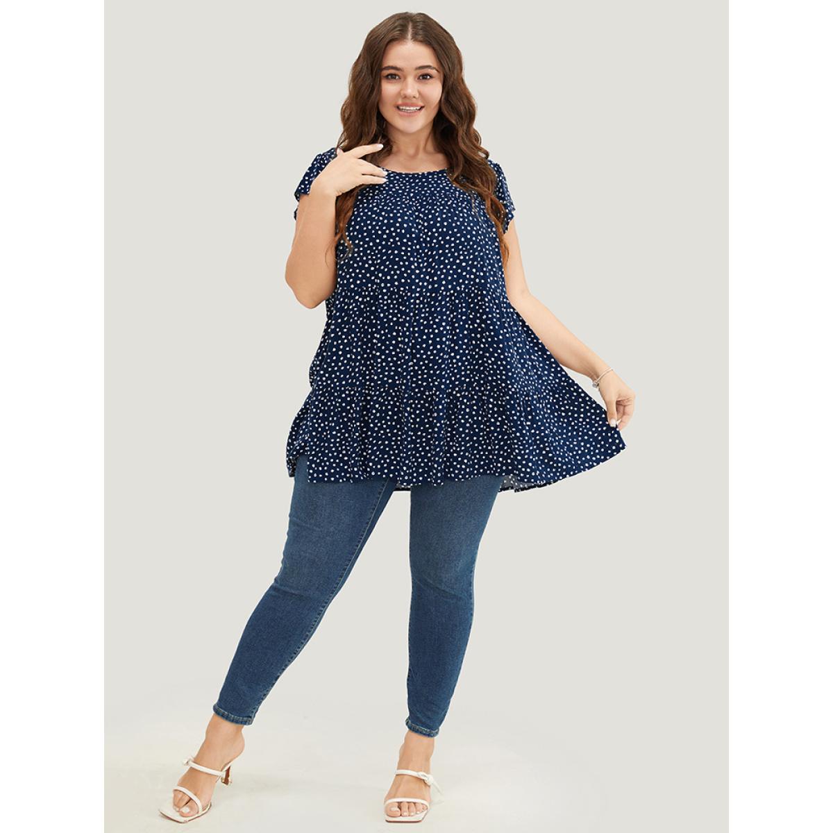Plus Size Indigo Allover Print Cap Sleeve Ruffle Hem Gathered Blouse Women Casual Cap Sleeve Round Neck Everyday Blouses BloomChic 18-20/2X Product Image