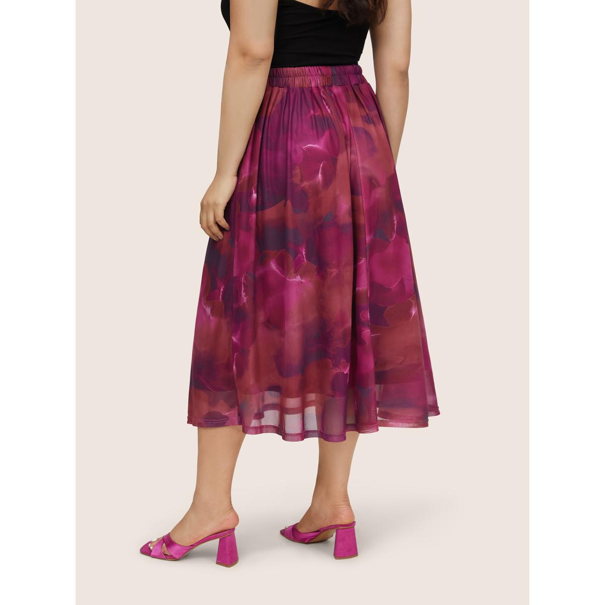 Plus Size Pixel Flower Elastic Waist Patchwork Mesh Skirt Women RedViolet Elegant Non Low stretch Slanted pocket Everyday Skirts BloomChic 12/L Product Image