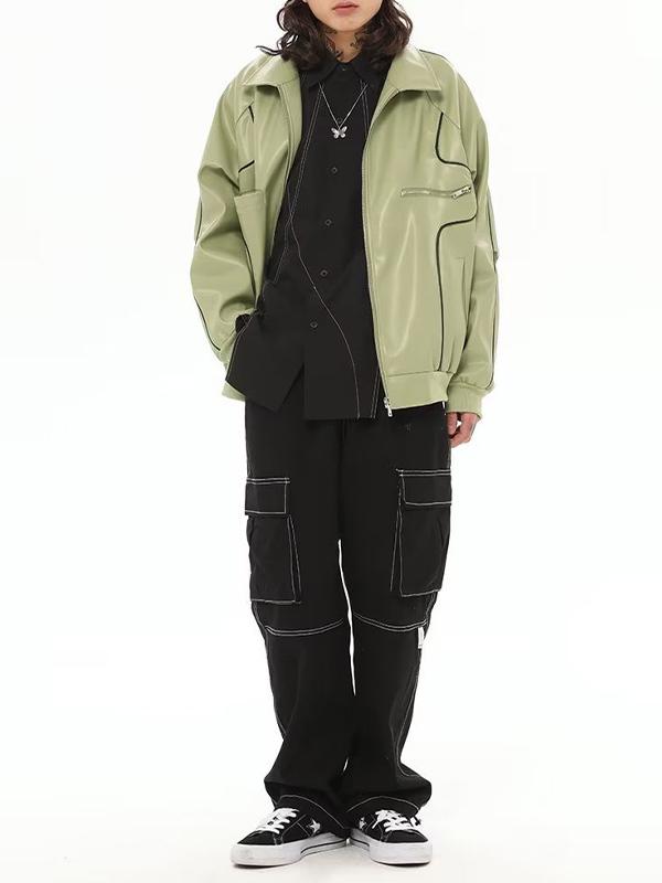 Piping Detail Zip Up Faux Leather Jacket Product Image