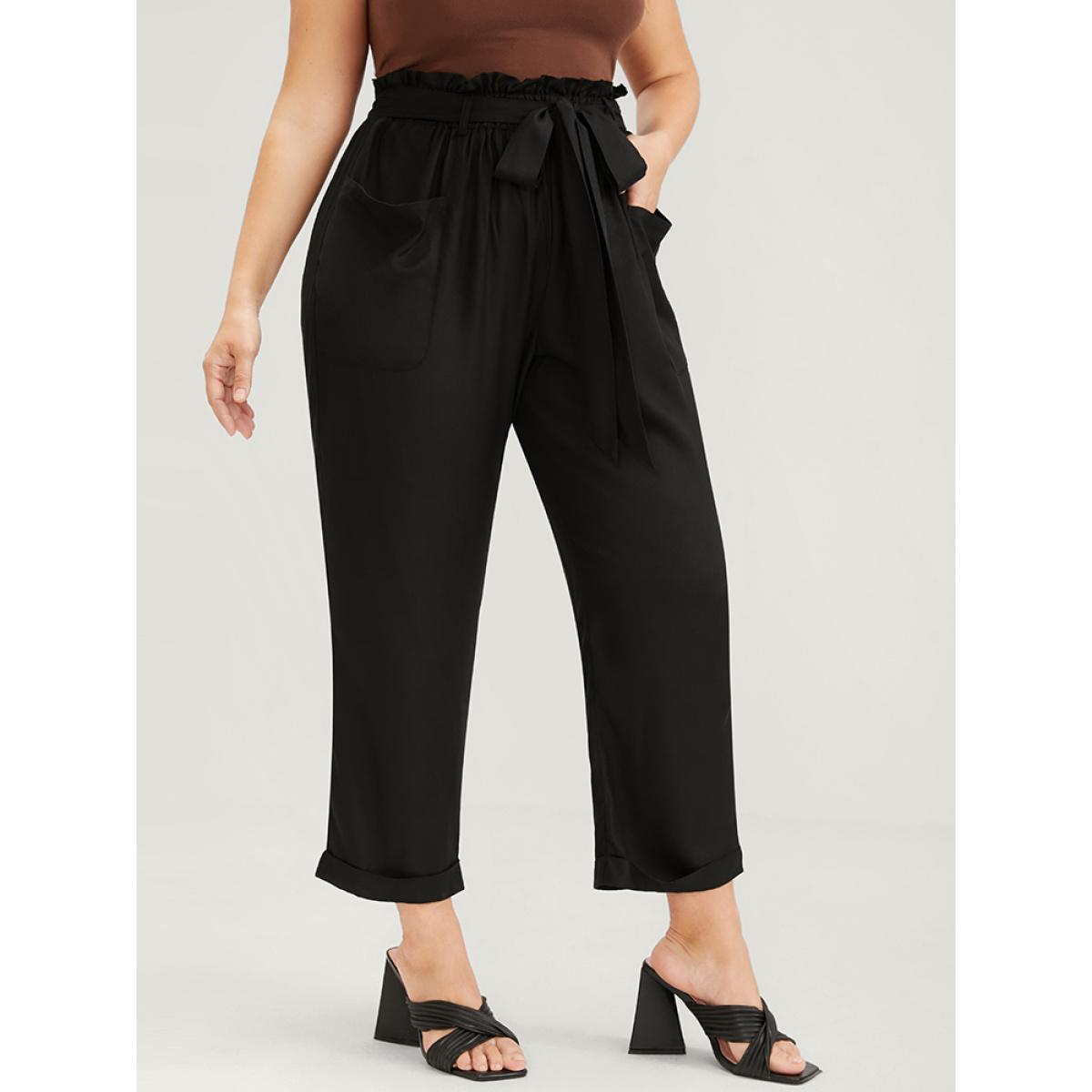 Plus Size Solid Pocket Front Paperbag Waist Belted Pants Women Black Casual High Rise Dailywear Pants BloomChic 10/M Product Image