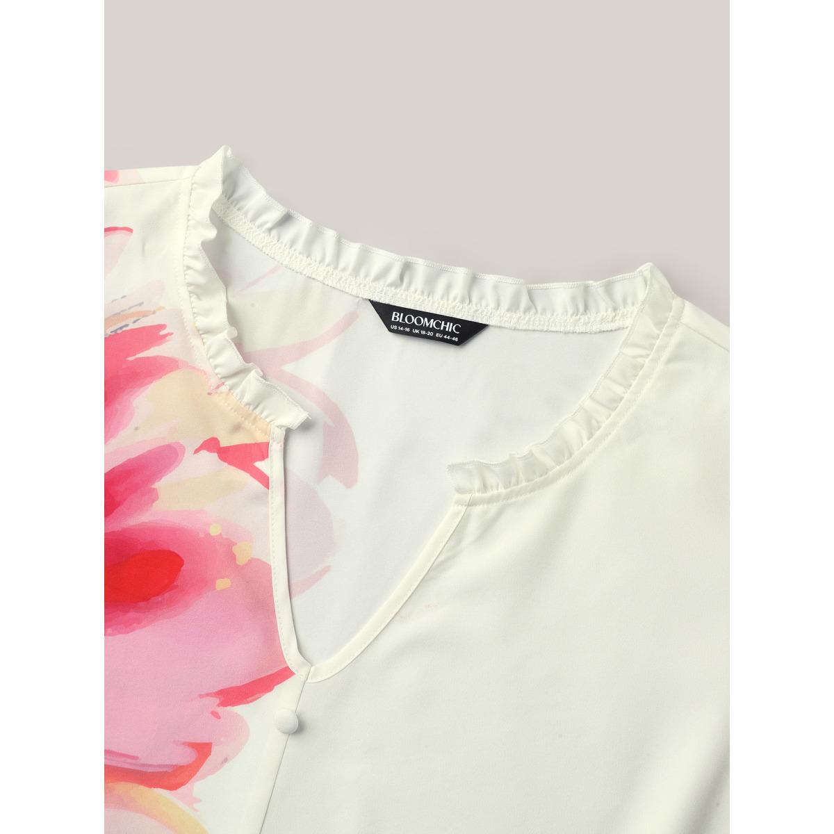 Plus Size Multicolor Floral Paradise Notched Collar Button Blouse Women Half Sleeve Notched collar Everyday-Elegant Blouses BloomChic 12/L Product Image