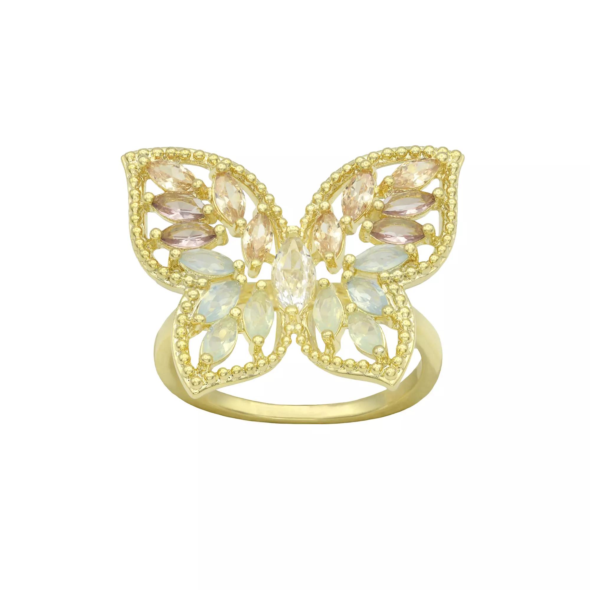 City Luxe Gold Tone Cubic Zirconia & Crystal Butterfly Ring, Women's, Size: 9 Product Image