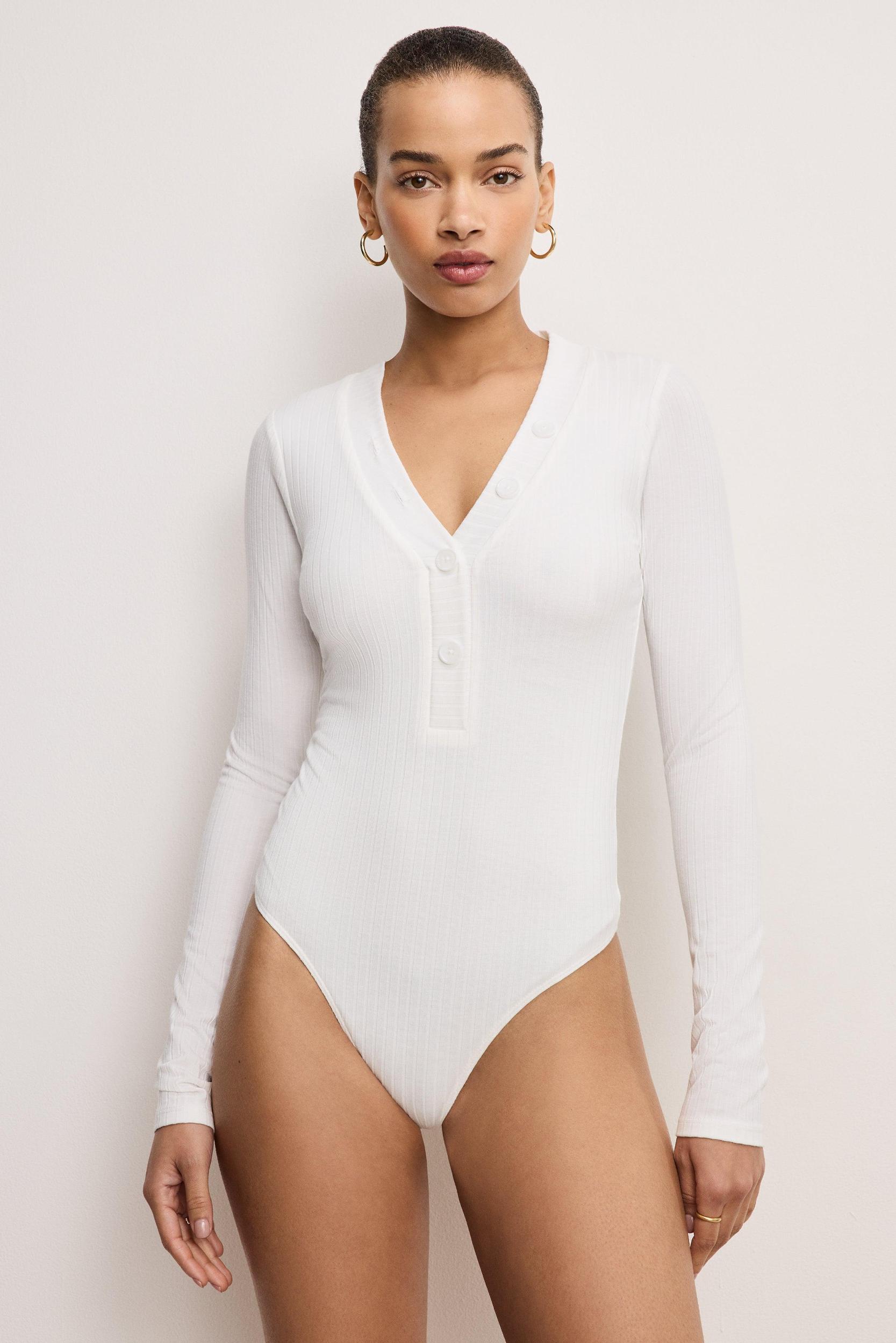 RIBBED HENLEY BODYSUIT | IVORY001 Product Image
