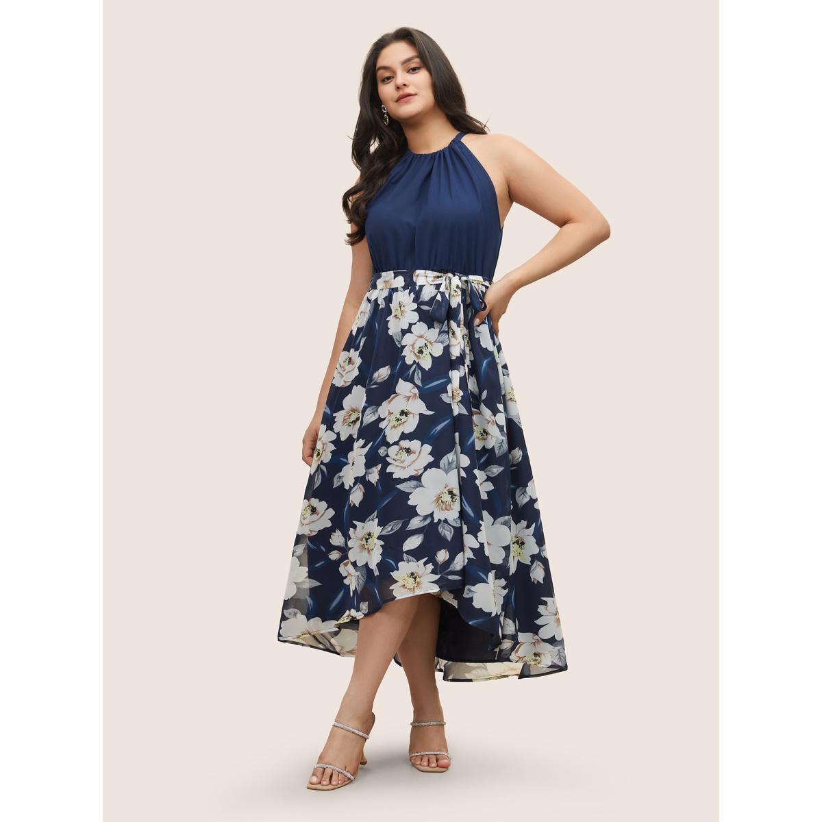 Plus Size Floral Patchwork Halter Ties High Low Hem Dress Indigo Women Elegant Non Halter neck Sleeveless Curvy Midi Dress BloomChic 10/M Product Image
