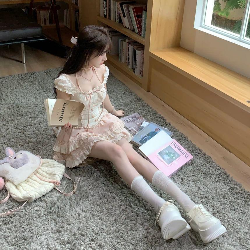 Set: Scoop Neck Ruffled-Trim Bow Accent Slim-Fit Tank Top + Low Waist Layered Mini Skirt Product Image