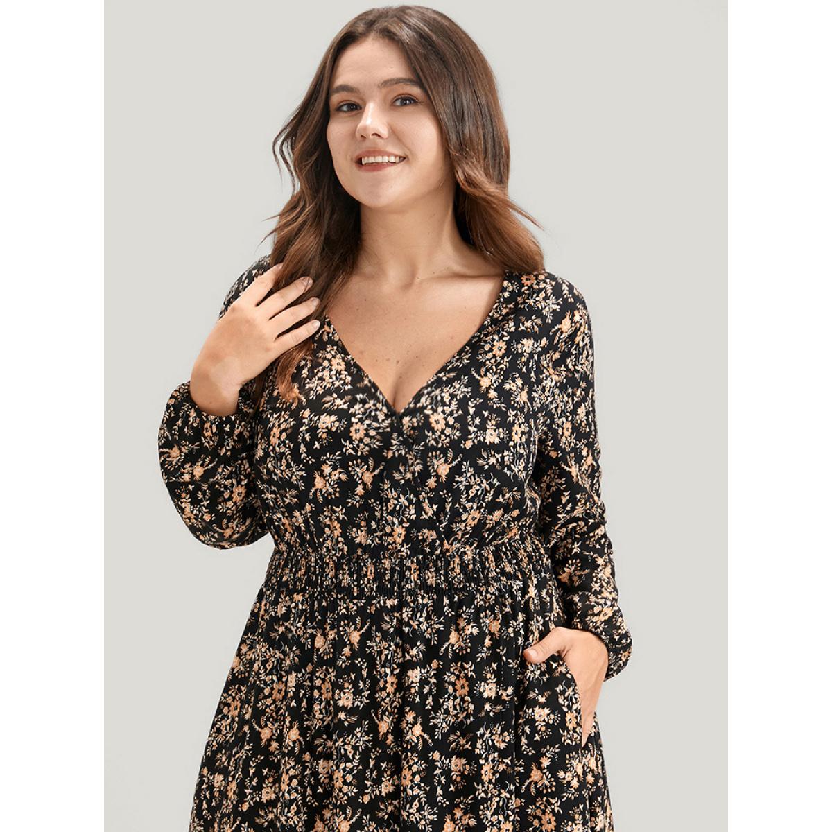 Plus Size Floral Wrap Lantern Sleeve Pocket Shirred Asymmetrical Hem Dress Black Women Elegant Pocket V-neck Long Sleeve Curvy Long Dress BloomChic 26/4X Product Image
