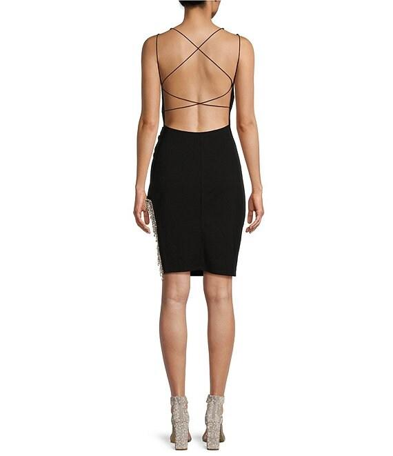 B. Darlin V-Neck Asymmetrical Rhinestone Fringe Hem Bodycon Dress Product Image