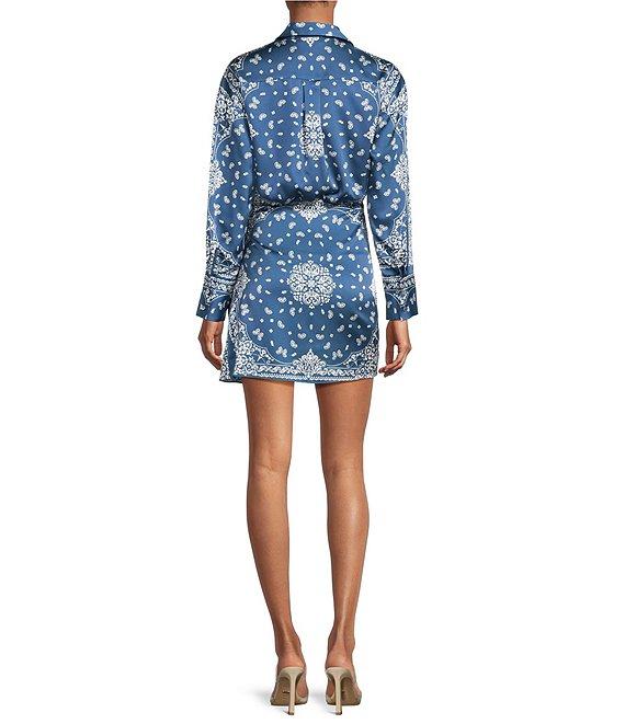 Gianni Bini Avery Bandana Print Satin Collared Long Sleeve Mini Wrap Dress Product Image