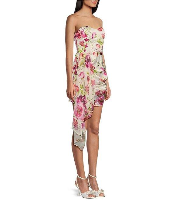 City Vibe Floral Print Strapless Sweetheart Neck Side Cascade Ruffle Dress Product Image