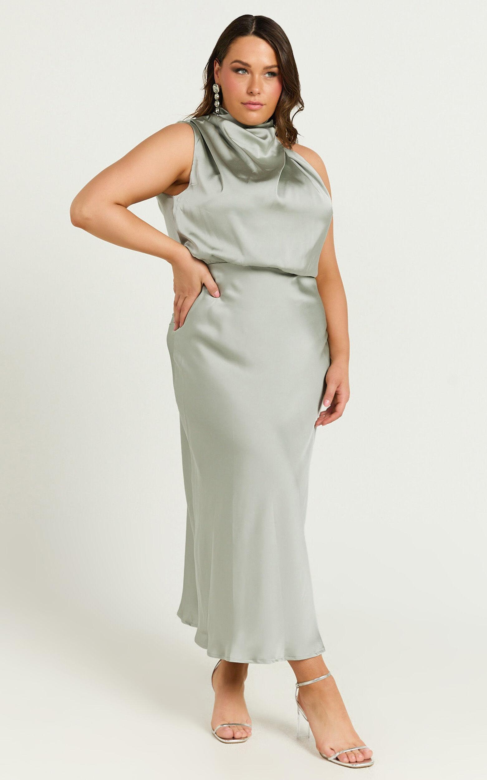 Minnie Midi Dress - Drape Neck Satin Slip Dress in Sage Product Image