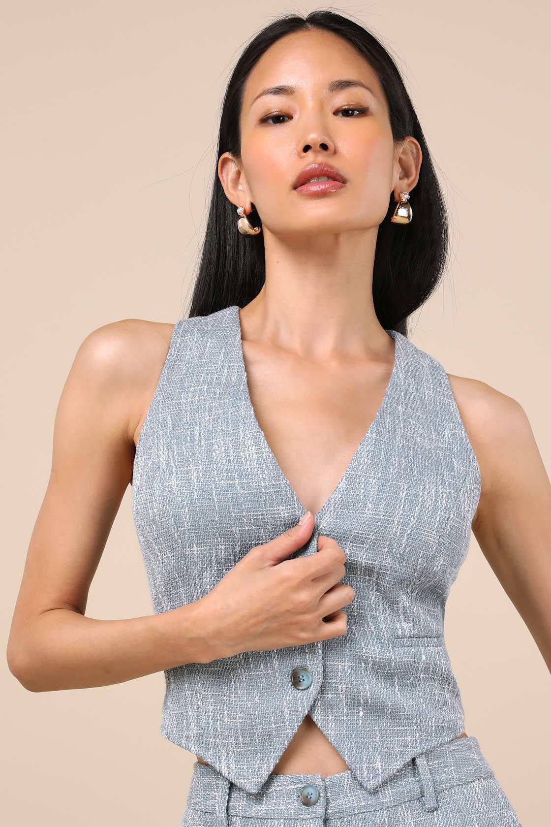 Alfonsa Light Blue Tweed Button-Front Vest Top Product Image