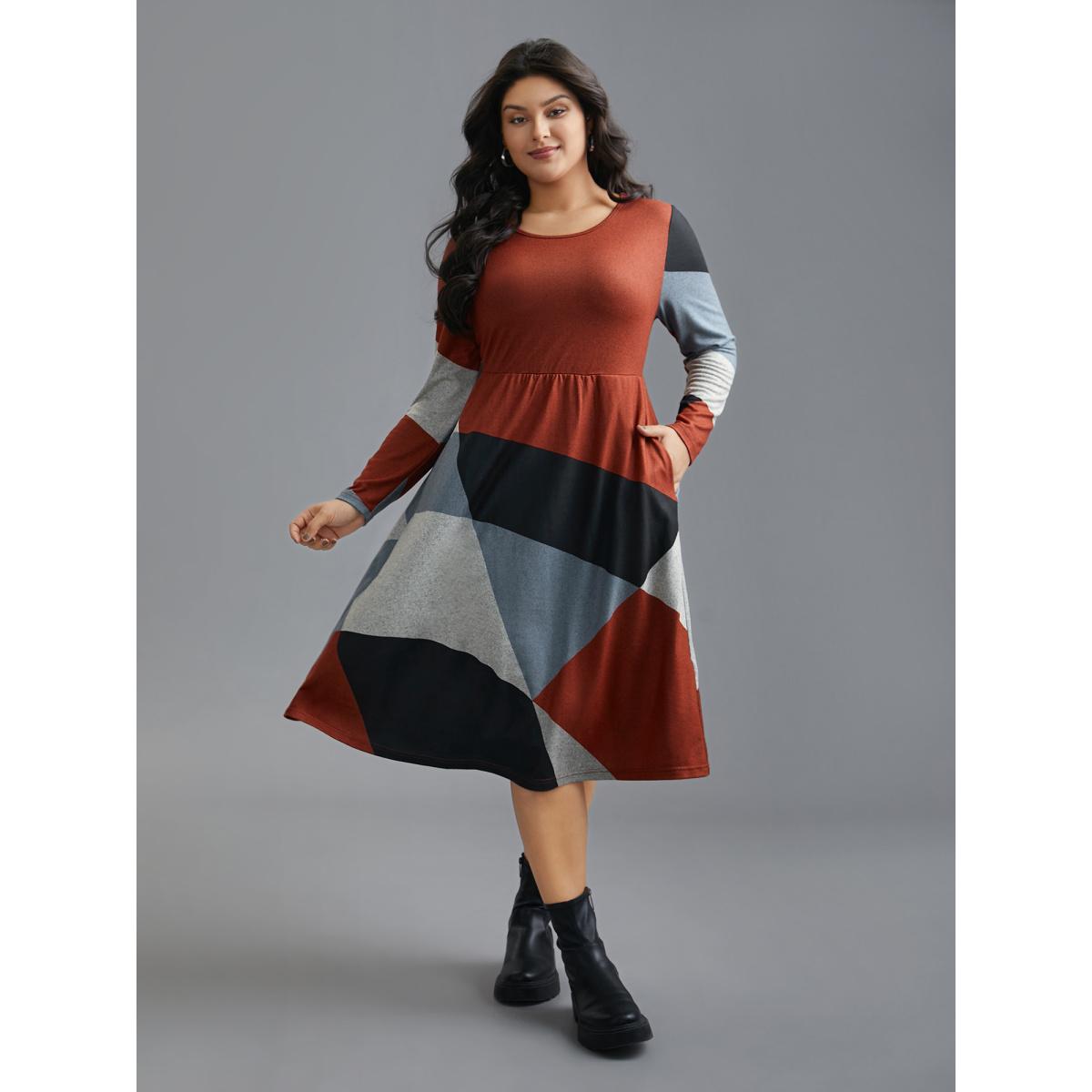 Plus Size Round Neck Geometric Colorblock Contrast Dress Multicolor Women Casual Contrast Knit Dresses Bloomchic 30/6X Product Image