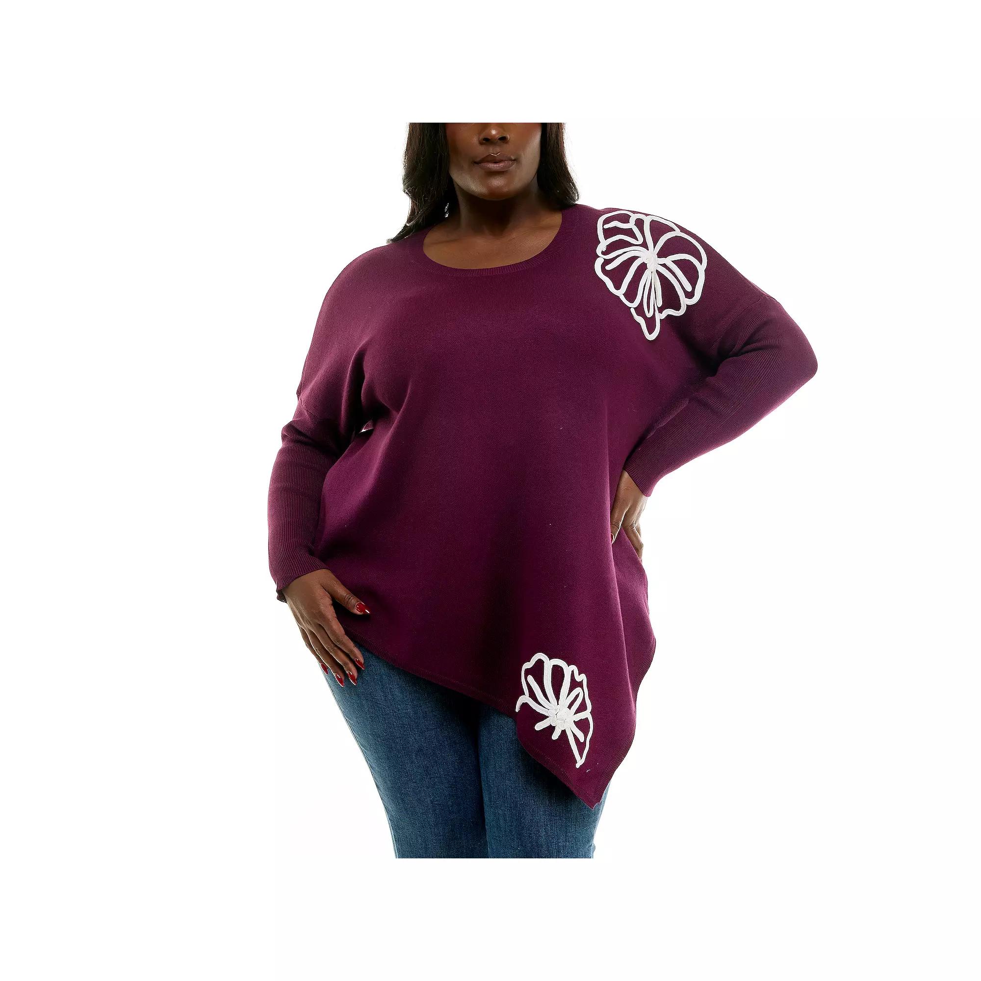 Plus Size Nina Leonard Oversized Floral Pattern Sweater, Women's, Size: 2XL, Black Ivory Product Image