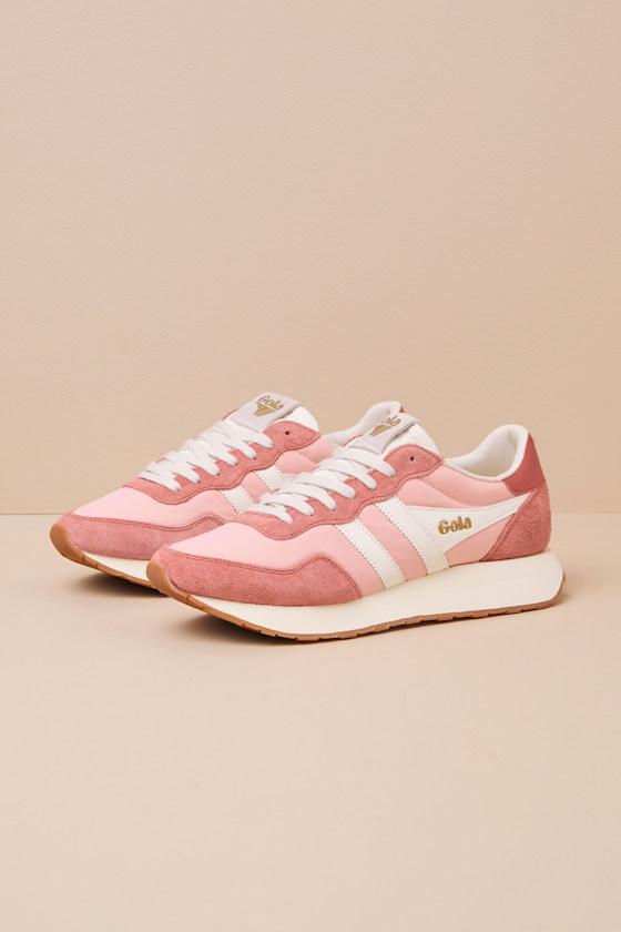 Arizona Pale Pink and Off White Suede Lace-Up Sneakers Product Image